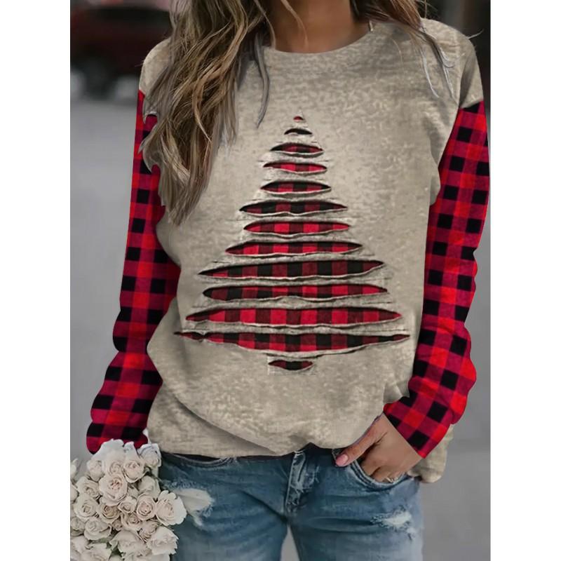 Womens Round Neck Pullover Sweatshirt With 3D Christmas Tree Print Casual Comfort Fit 2025
