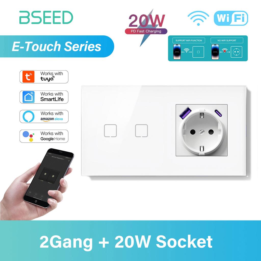 BSEED 1/2/3/4Gang WIFI Dotykový vypínač Skleněný Chytrý nástěnný vypínač Dotyková obrazovka Podsvícení Telefon Rychlé nabíjení USB C Zásuvka Řada E