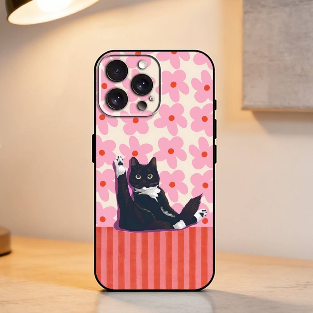 

C-Cute Black White Cat Phone Case For iPhone 17,16,15,14,13,12,11 Plus,Pro Max,XS,Soft Silicone Black Cover iPhone15