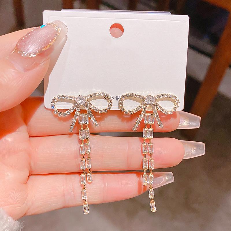 S911 silver needle charm zircon bow long fringed stud earrings women's light luxury niche super fairy temperament earrings