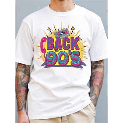 Taglie Europee T-shirt Bianca Pura da Uomo | Design Nostalgico Retro Anni '90, Tendenza Moda Europea Americana, Stampata su un Lato, Girocollo