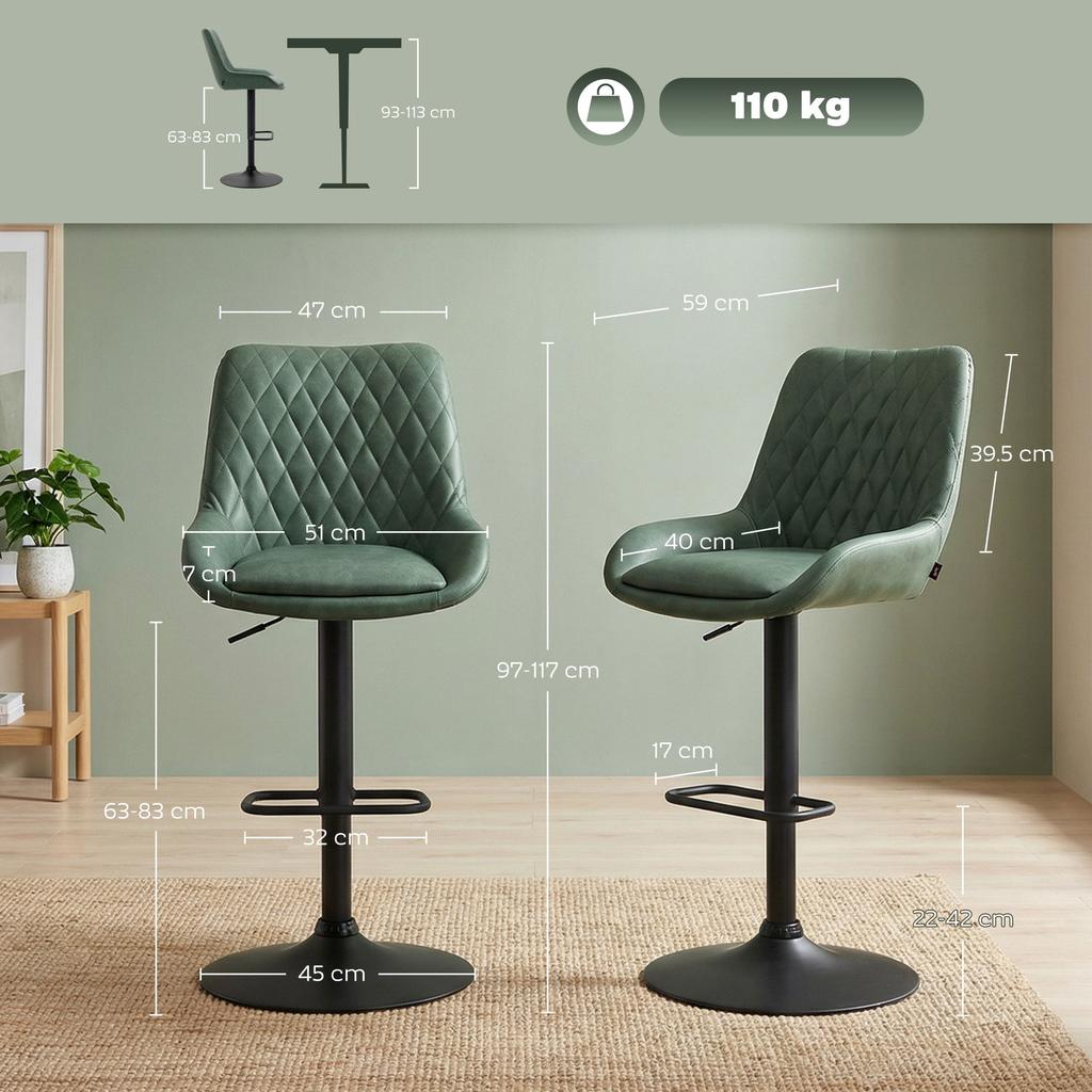 Retro Bar Stools Set of 2, Adjustable Kitchen Stool, Upholstered Bar Chairs with Back, Swivel Seat, Green