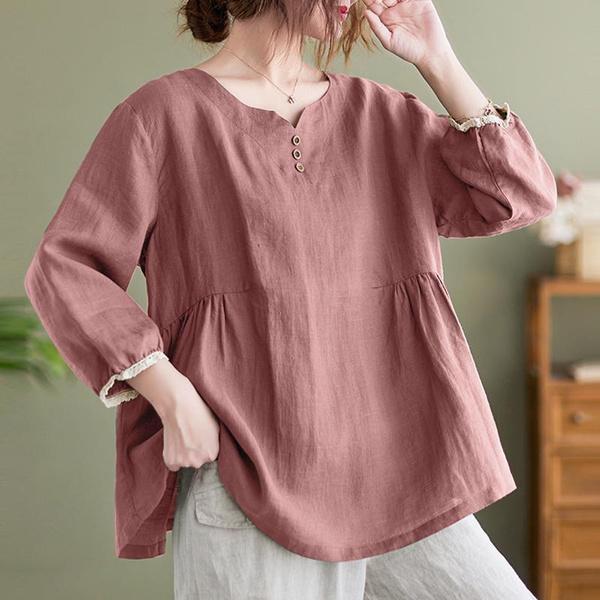Women Loose Casual Blouse Cotton Solid Color V Neck Summer Half Sleeve T-shirt Plus Size