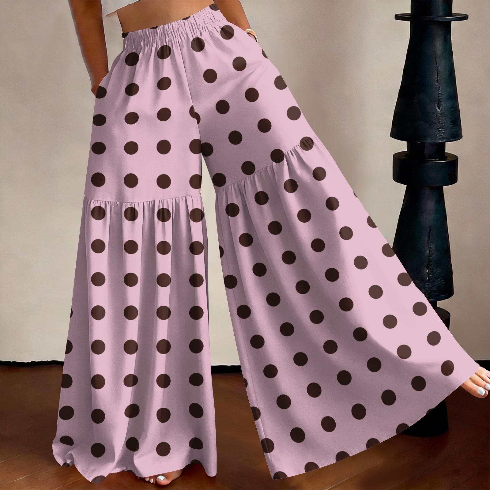 

Women s High Waist Wide Leg Pants Loose Fit Lightweight Flowing Printed Casual Trousers Elastic Waistband Palazzo Pants S рожевий