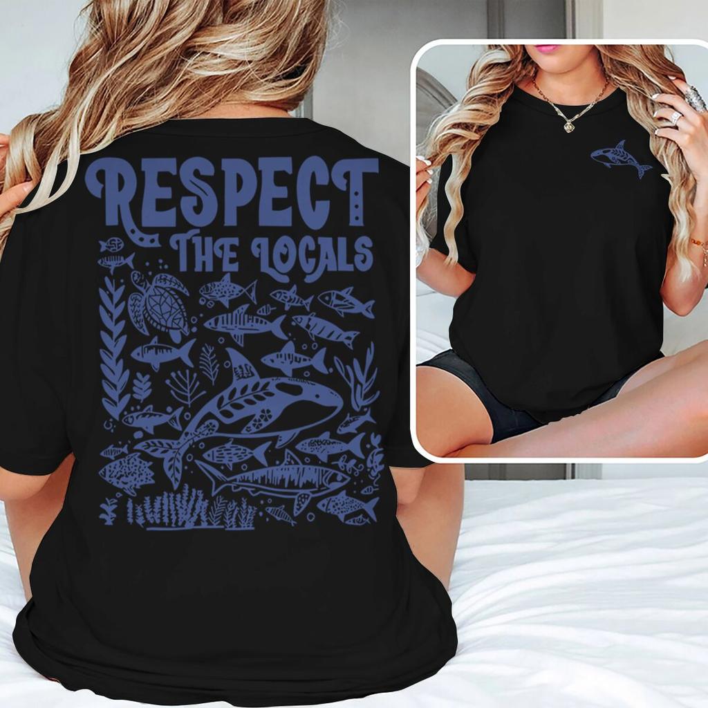 Ocean Animal Vintage Print T Shirt "Respect The Locals" Ocean Beach Series T-Shirts Unisex Unisex Short Sleeve Summer Vibes Tshirts