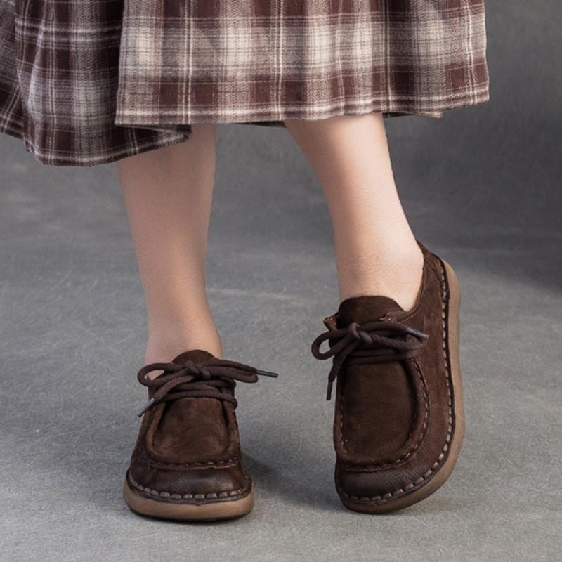 Johnature Echte Leder Ballerinas Bequem Vielseitig Schnürschuhe Pendeln Retro Weichbesohlte Damenschuhe
