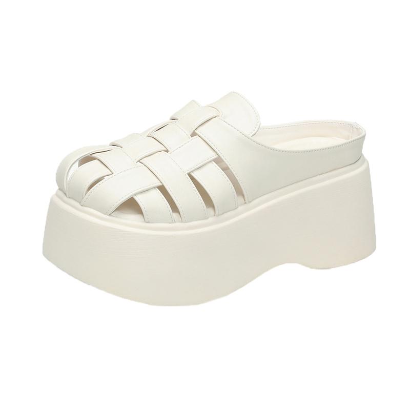 Fashion 8CM Women Leather Sandals New Ladies Shoes Woman Pumps Women Cross-strap Slides Platform Shoes Heels Slip On Round Toe Slippers