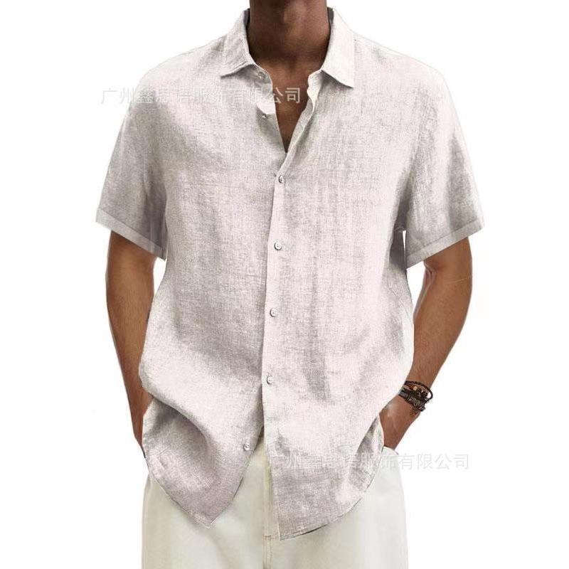 Popular Summer V-neck Button Cotton and Linen Solid Color Men's Trendy Shirt Men's Shirt