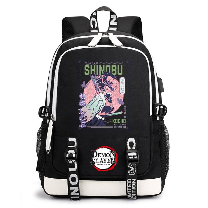Demon Slayer Anime Print Student Backpack USB Charging Port Lightweight School Bag for Boys Girls