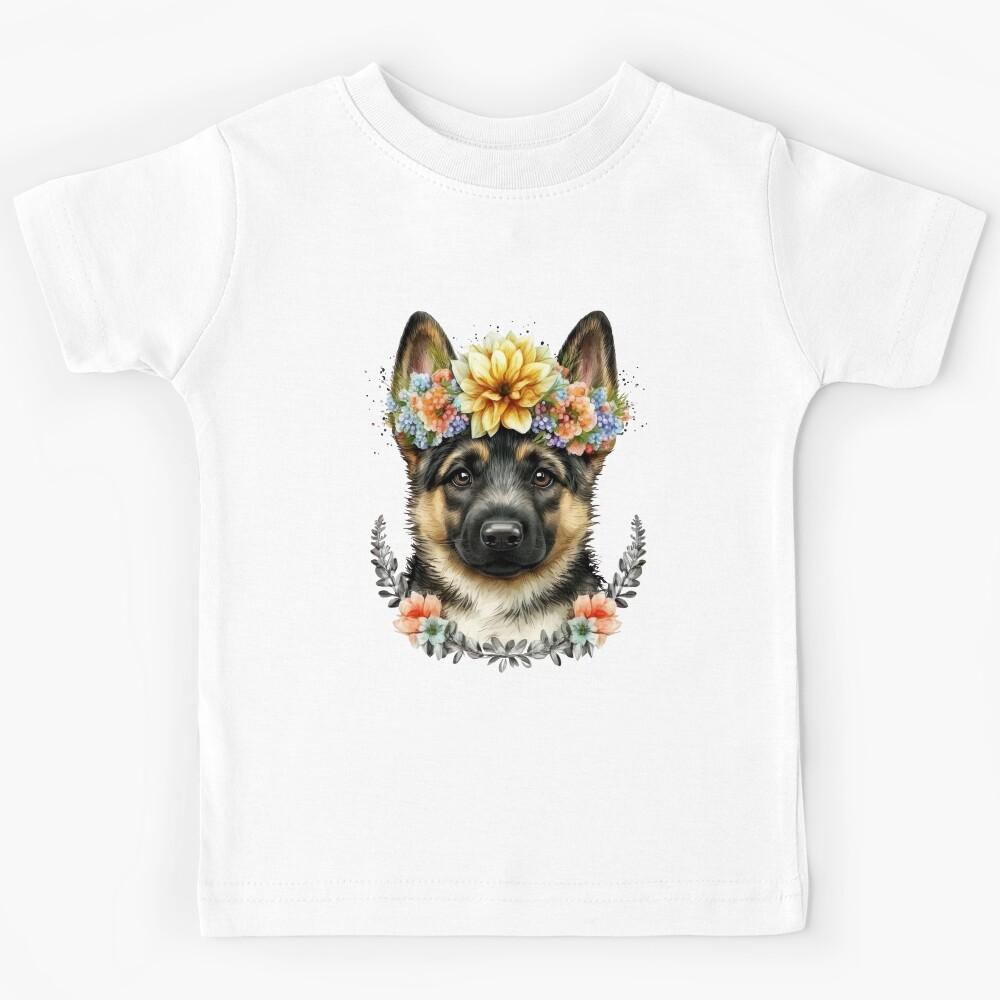 German shepherd puppy with flower crown Kids T-Shirt 130