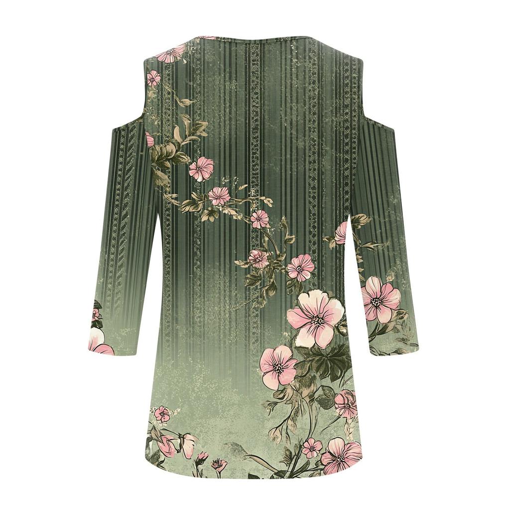 Women's Casual Shirt Blouse Print V-neck Sexy Cold Shoulder 3/4 Sleeve Top