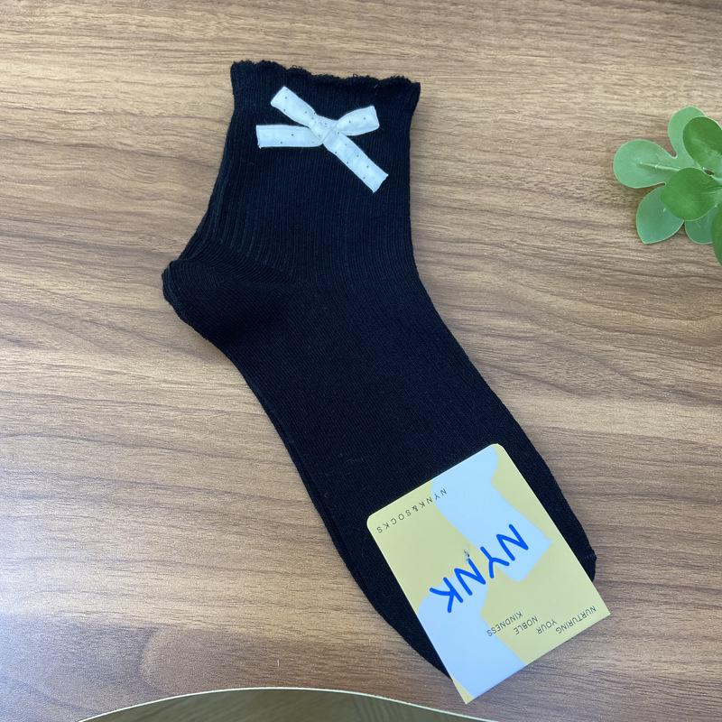 Korean Style 3D Bow Lace Cuff Cotton Socks - Women s Short Ankle Socks for Spring/Summer 2026 One Size чёрный
