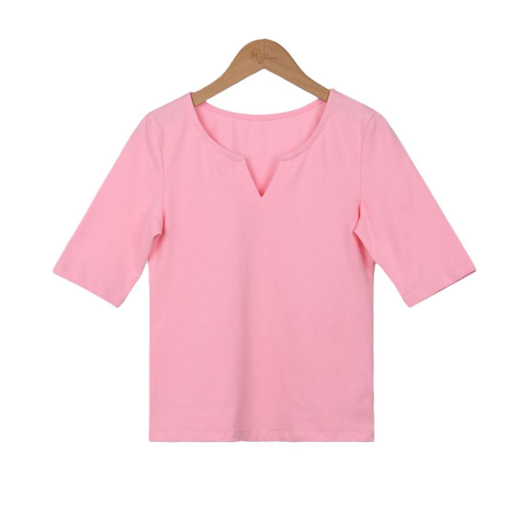 Women's Pure Cotton Slim Fit V-Neck Short Sleeve T-Shirt - Versatile for Spring, Autumn, and Winter