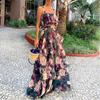 Womens 2-Piece Set: Floral Print Sleeveless Top Flowy Maxi Skirt 4-Way Stretch Retro Chic Outfit