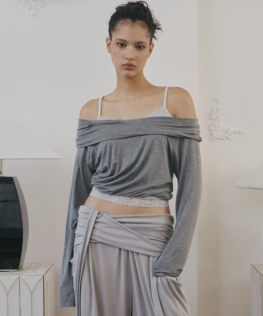 PLEASENOFOLLOW Bree Unbal Shirring Long Sleeve Top (Melange Charcoal)