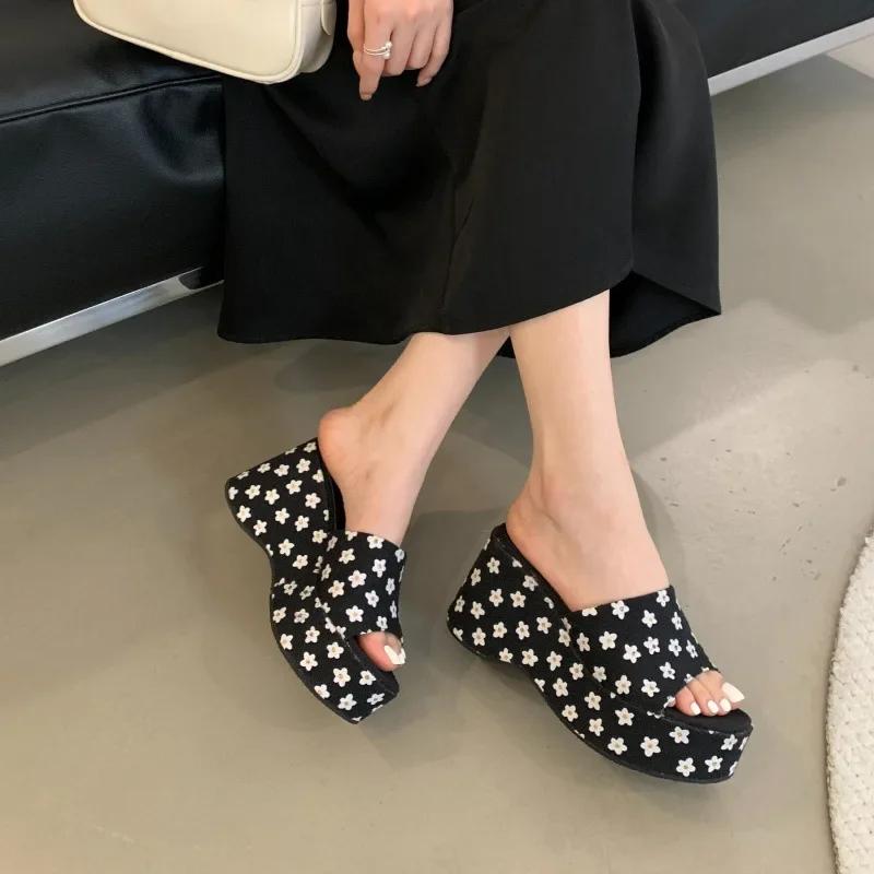 Blue Heels Sandals Women Slippers Beige Flowers Platform Chunky Heels 9cm Sandals Summer Shoes Women Zapatos De Mujer 2025