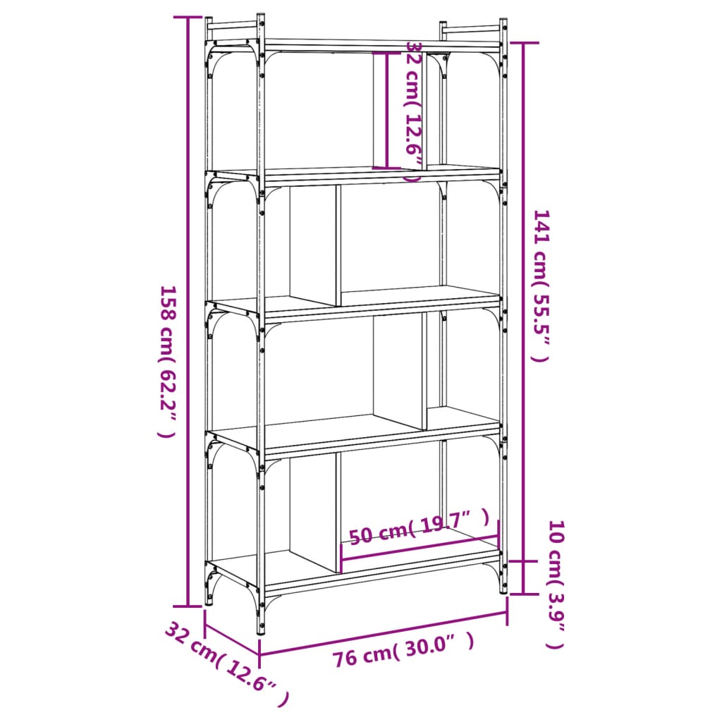 Bookshelf 5 Shelves Sonoma Oak Finish 76 x 32 x 158 cm Engineered Wood