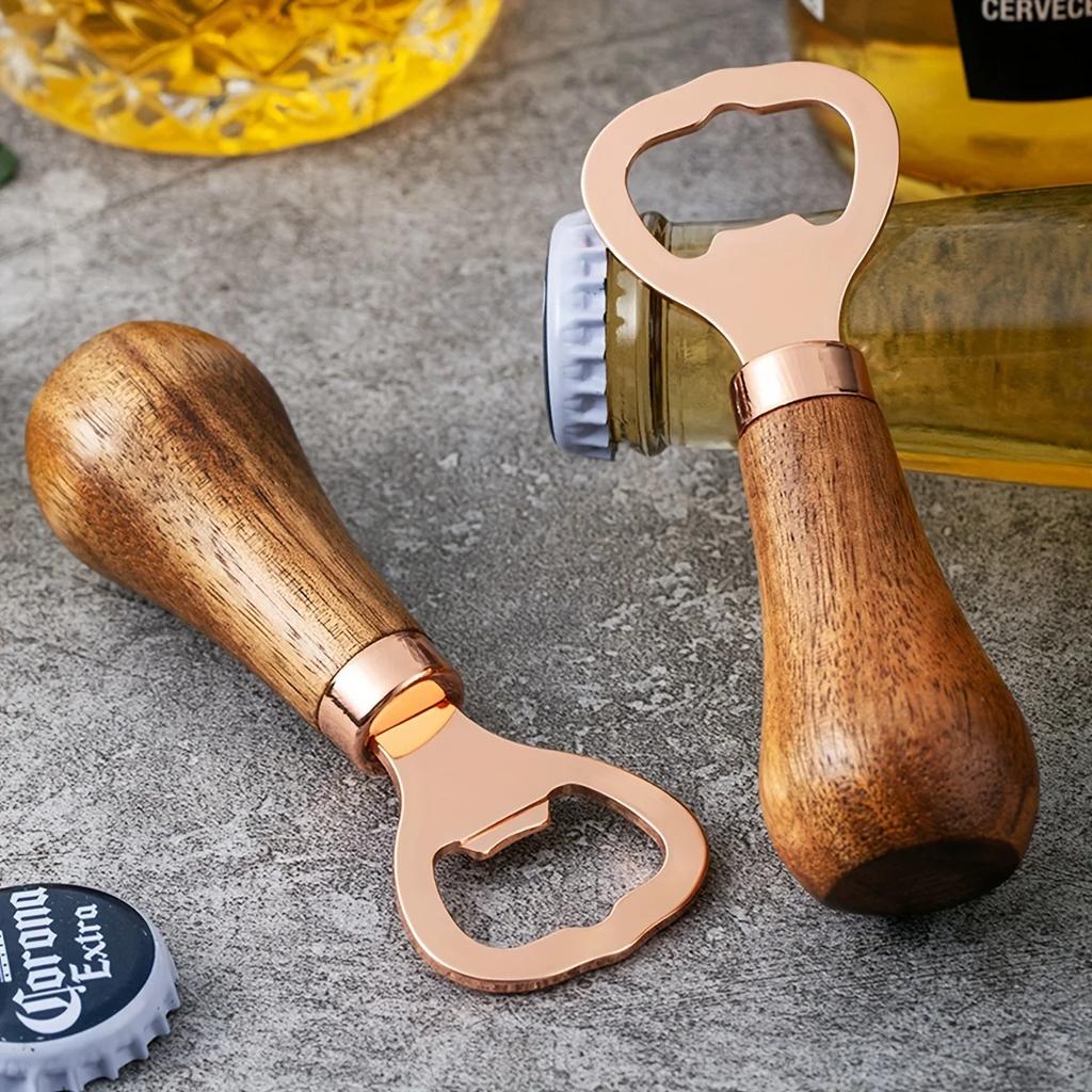 1pc Elegant Acacia Wood Beer Bottle Opener with Rose Golden Stainless Steel Lever - Durable, Creative Vertical Corkscrew