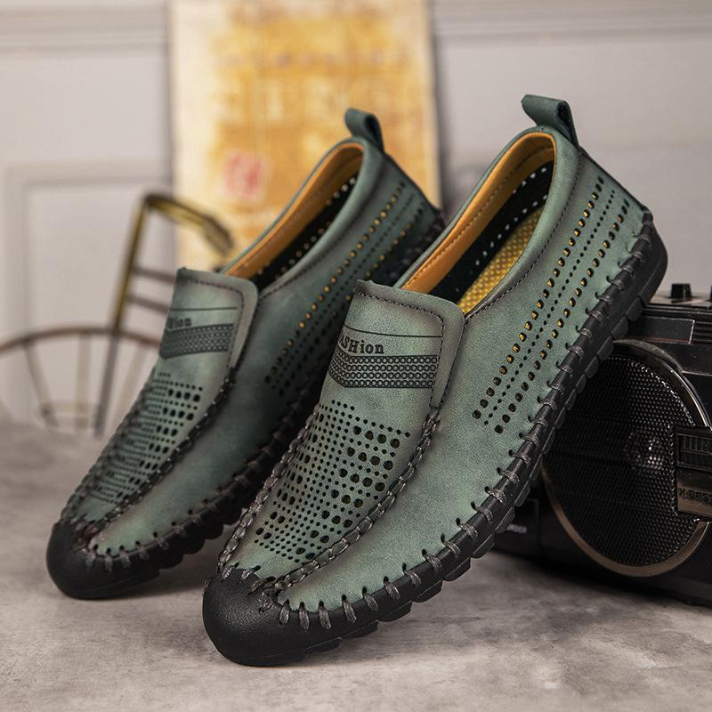 2025 Wiosna/Lato Męskie Ręcznie Robione Casualowe Mokasyny Plus Size z Wydrążonym Wzorem i Antypoślizgową Podeszwą