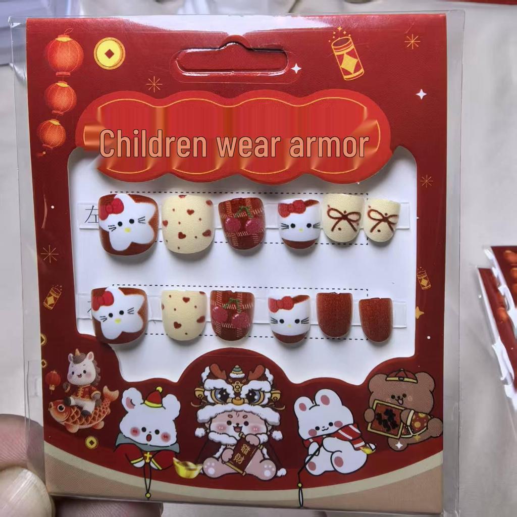 Children's Red Festive New Year Nail Stickers - Self-Adhesive Wearable Nail Art with Cat Design for Girls