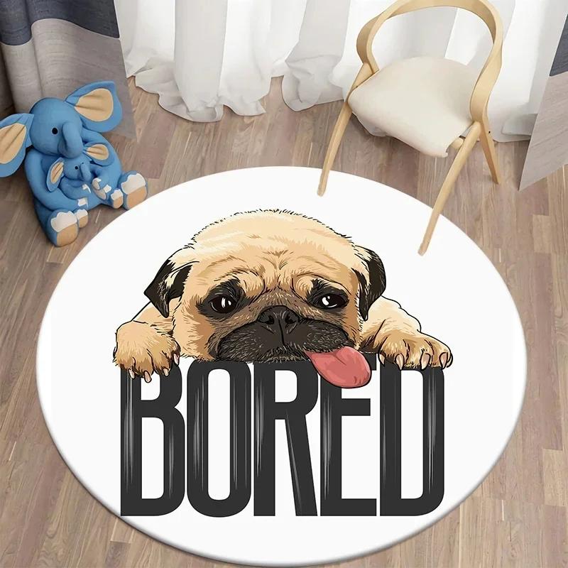 Crystal Velvet Cute Pug Round Rug, Kawaii Dog Print Non Slip Floor Mat for Living Room, Bedroom, Home Decor, Circle Area Rug