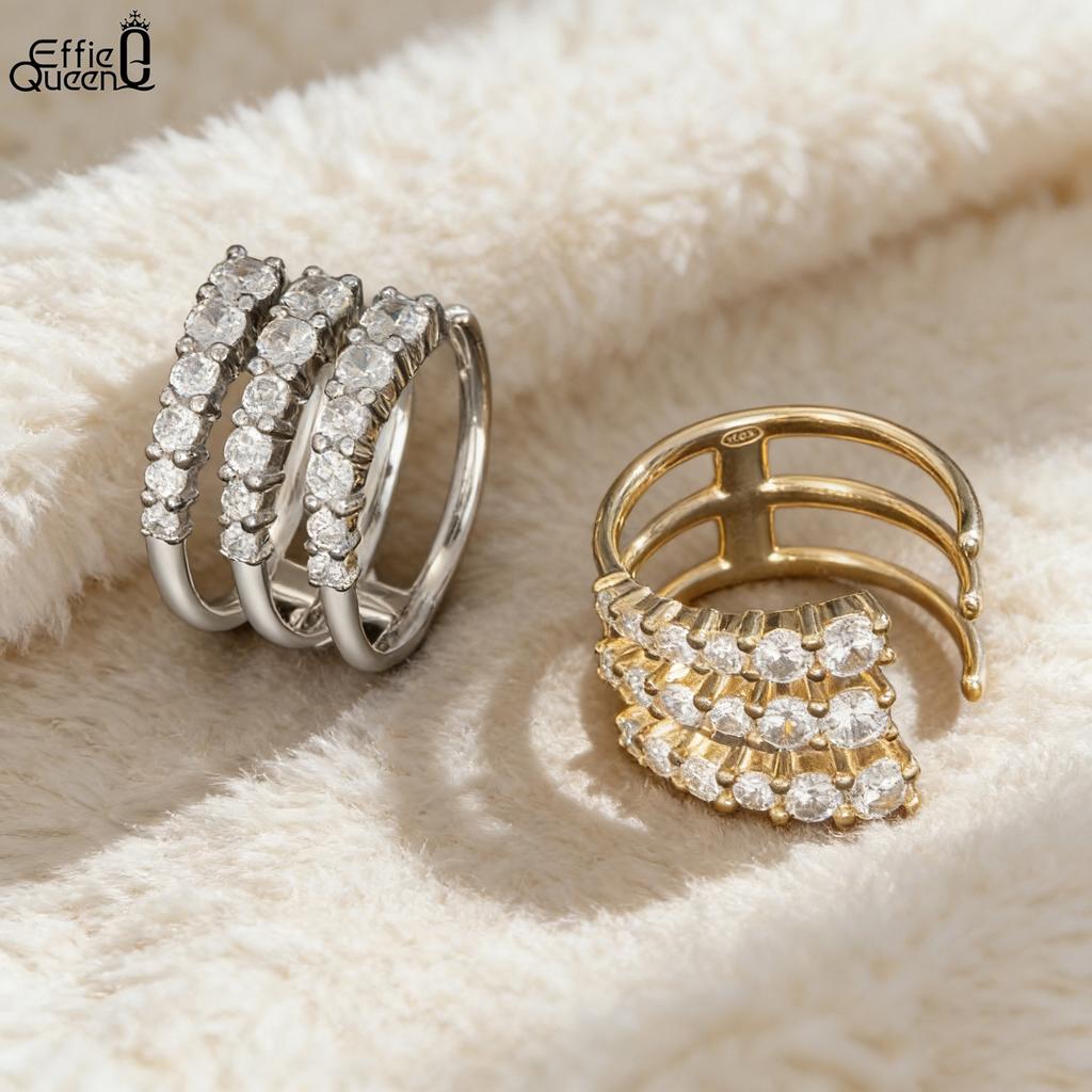 Effie Queen Genuine 100% 925 Silver 14k Gold Oval Cut Zirconia Ring Simple Jewelry for Women Banquet Party Christmas Gift SR307