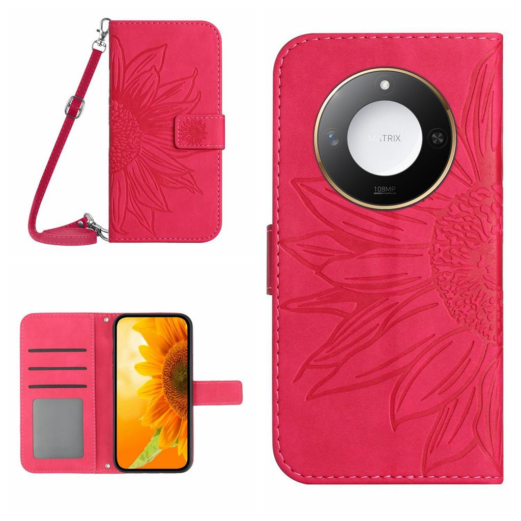 For Honor X9c Smart 5G Case Sunflower Imprint PU Leather Phone Cover with Long Strap