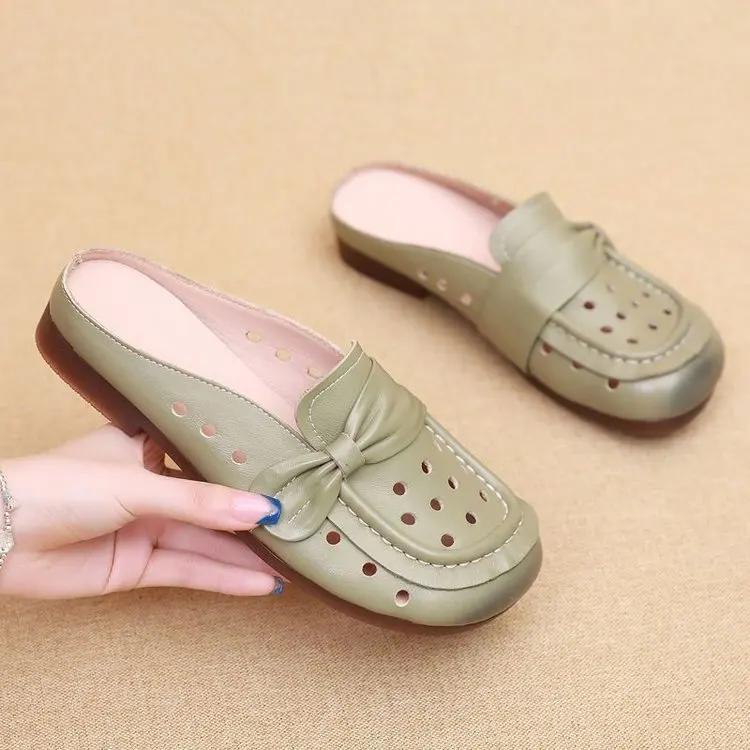 

Women Summer Bow Slippers Hollow Non-slip Lightweight Round Head Sandals Solid Colour Thick Sole Light Flats Sandales Femmes 35 зелёный