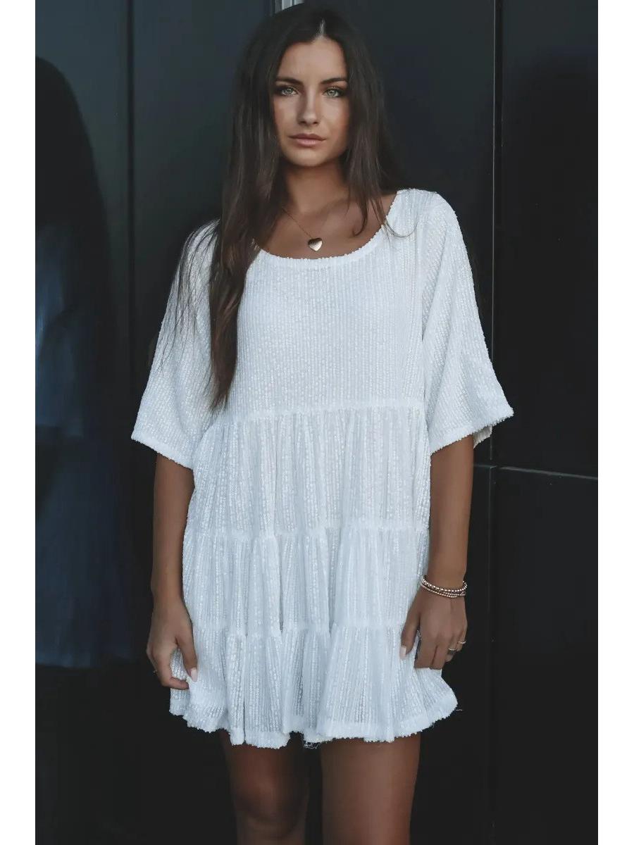 

2025 Solid Color Sequin Round Neck Loose Waist Short Sleeve Evening Dress Extra Large брудно-білий