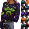 Women's Slim Fit Halloween Print Pullover Long Sleeve T Shirt Crew Neck Base Layer Top with Thumb Hole Cuffs Stretch Fabric