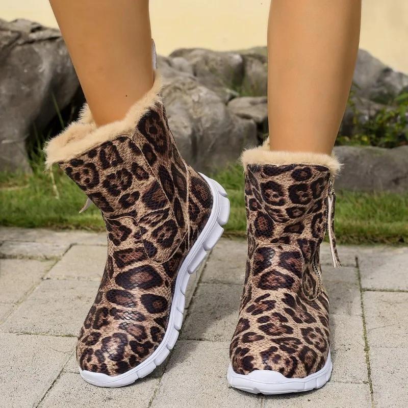 Fashion Winter New Flat Shoes Women's Fashion Round Head Side Zipper Snake Soft Sole Anti-slip Wear-resistant Short Boots