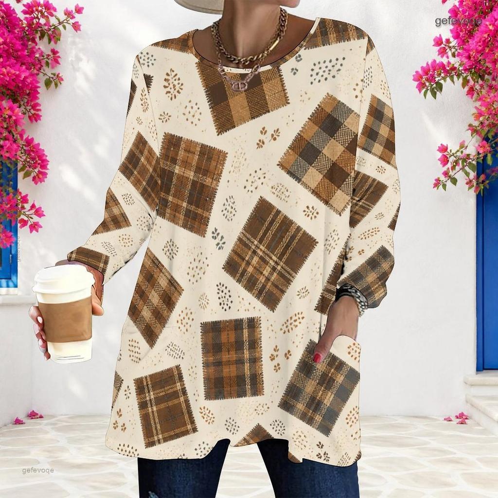 Women Plus Size Round Neck Long Sleeve Plaid Print T Shirt Loose Longline With Pockets