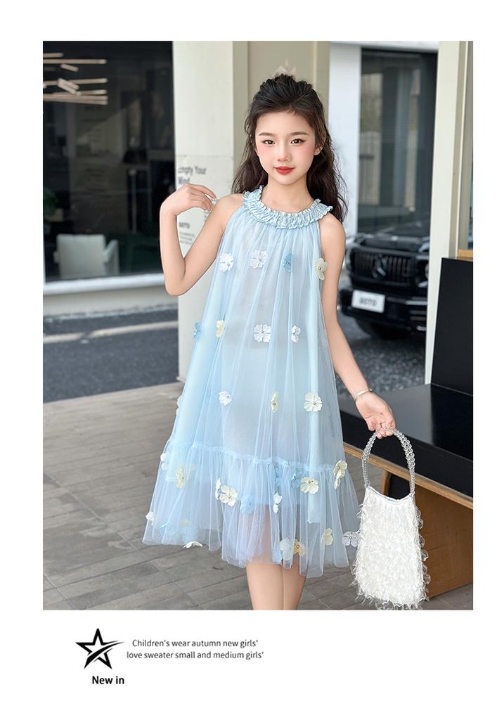 Girls' Blue Dress Summer Dress 2026 New Stylish Girls' Summer Mesh Princess Dress Children's Summer Dress