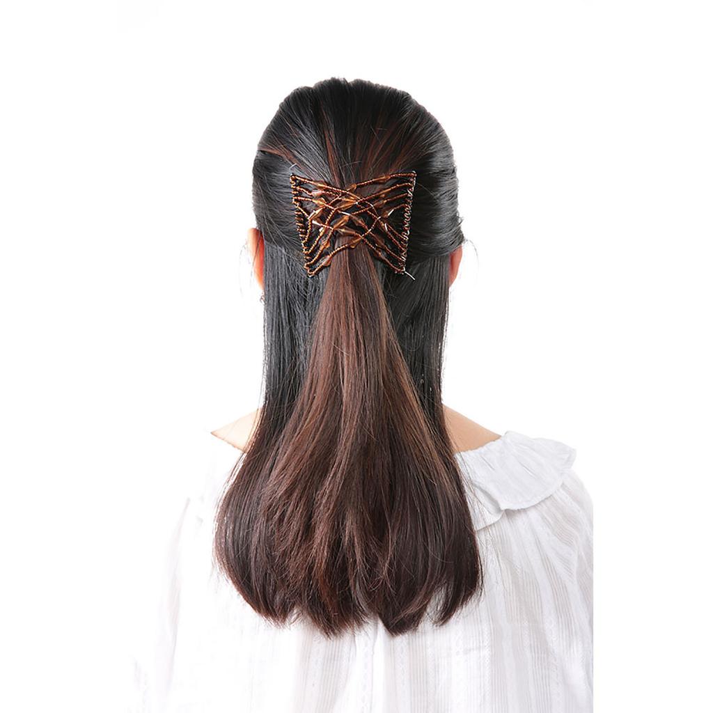 Women Girl Magic Easy Hair Beads Slide Stretchy Comb Clip Stretchable Hairpin Coffee