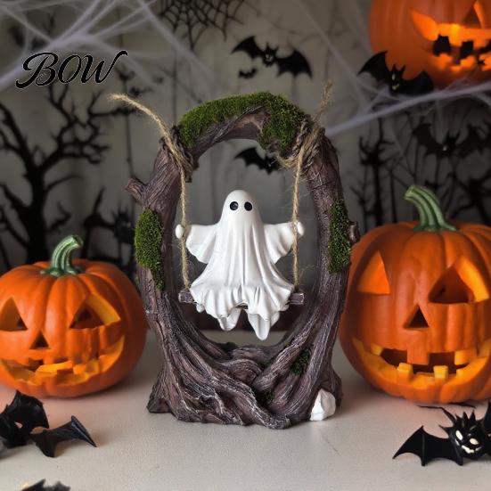 Weather-Resistant Garden Ornament Ghost On Tree Swing Halloween Decor, Resin Spooky Figurine with Vintage Whimsical Home Furnishings Base, Festive