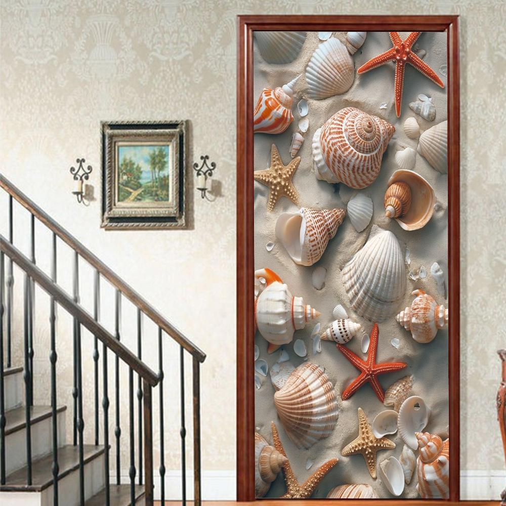 1pcs Porch Beach Scenery Shell Vinyl Door Sticker For Bedroom Home Decor Self Adhesive Removable Wall Decal Door Renovation Waterproof Poster