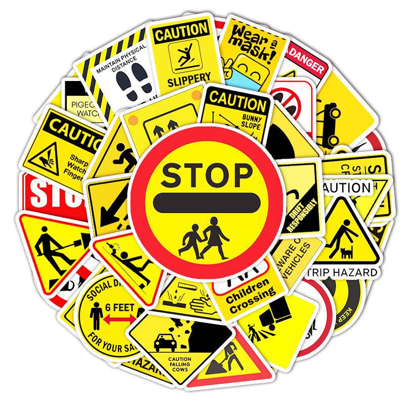 50 Waterproof Cartoon Warning Sign Decorative Stickers for Luggage, Scooter, or Computer.