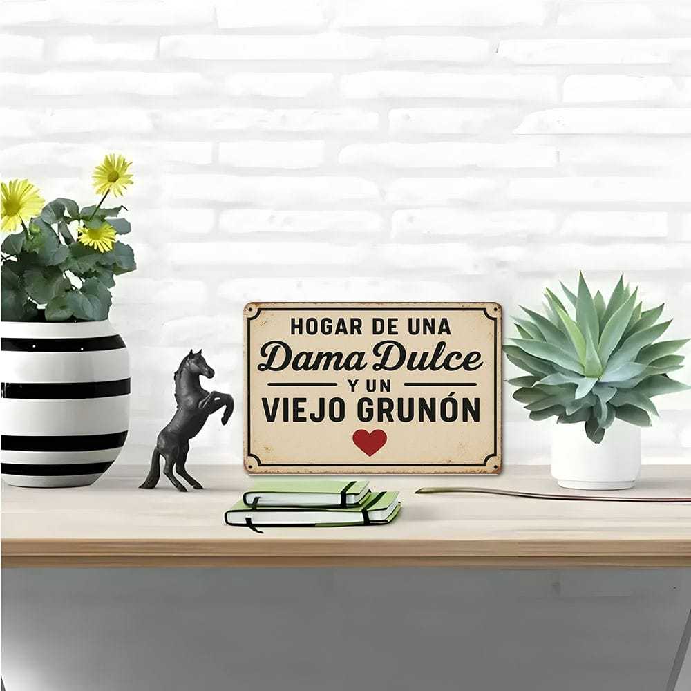 Vintage Spanish Metal Sign "Hogar De Una Dama Y De Un Grunon," 8x12 Inch, Distressed Finish.