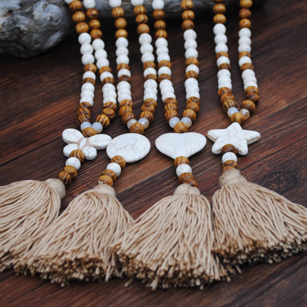 Bohemian Accessories Tassel Sweater Chain Necklace Women's String Wood Bead Long Necklace Jewelry