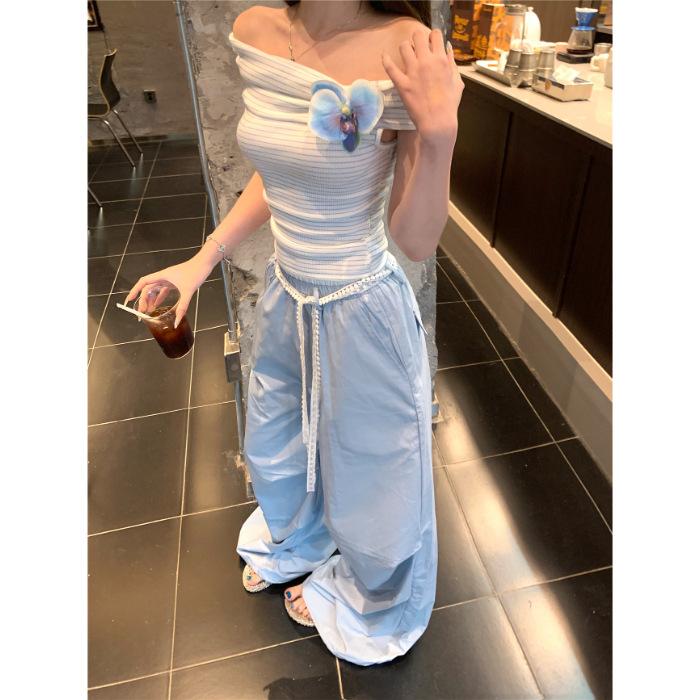 005 Special Blue Striped Short Sleeve T-Shirt Women s French Slim Shoulder Short Korean Top S