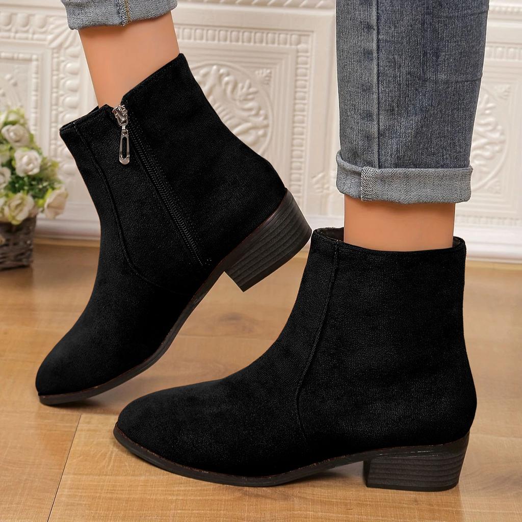 Women'S Boots Large Size Fashion Solid Color European And Pointed Side Zipper Thick Heel All Short Suede Boots For Women Trendy