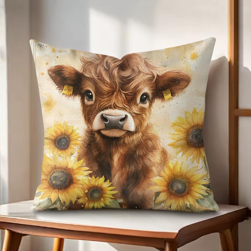 Cute Highland Cattle Cushion Cover Natural Linen Organic Fabric DoubleSided Printing Couch Pillow Covers Home Decor Gift