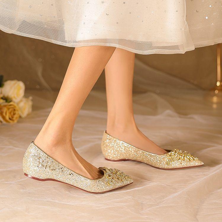 Champagne main wedding dress niche high-end pointed flat-soled single shoes 2025 height-increasing crystal wedding shoes are not tired of pregnant wom