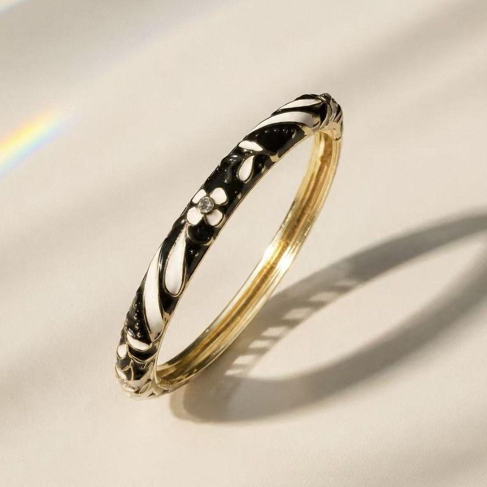 Colorful Gold Plated Floral Bangle Retro Rhinestone Inlay Oil Dipping Cuff Elegant