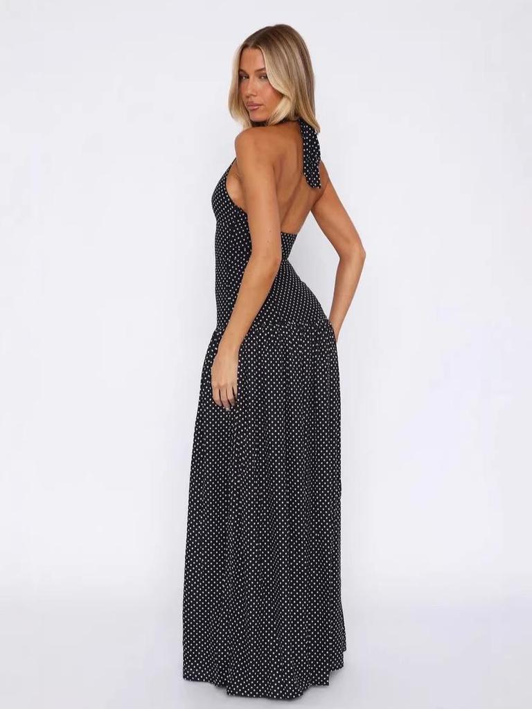 2026 Summer Polka Dot Backless V-neck Dress with Slit and Cinched Waist for Women