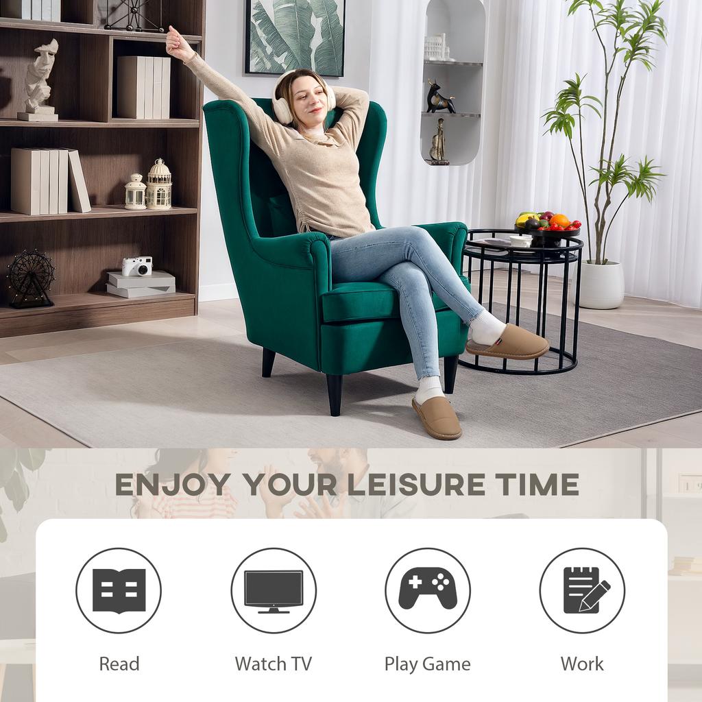 Modern Accent Chair with High Backrest and Pillow, Velvet-Feel Fabric Reading Chair with Solid Wood Legs, Green
