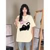 200g Heavyweight Cat Print Unisex Stretch Cotton T-Shirt - Summer Loose Fit Short Sleeve