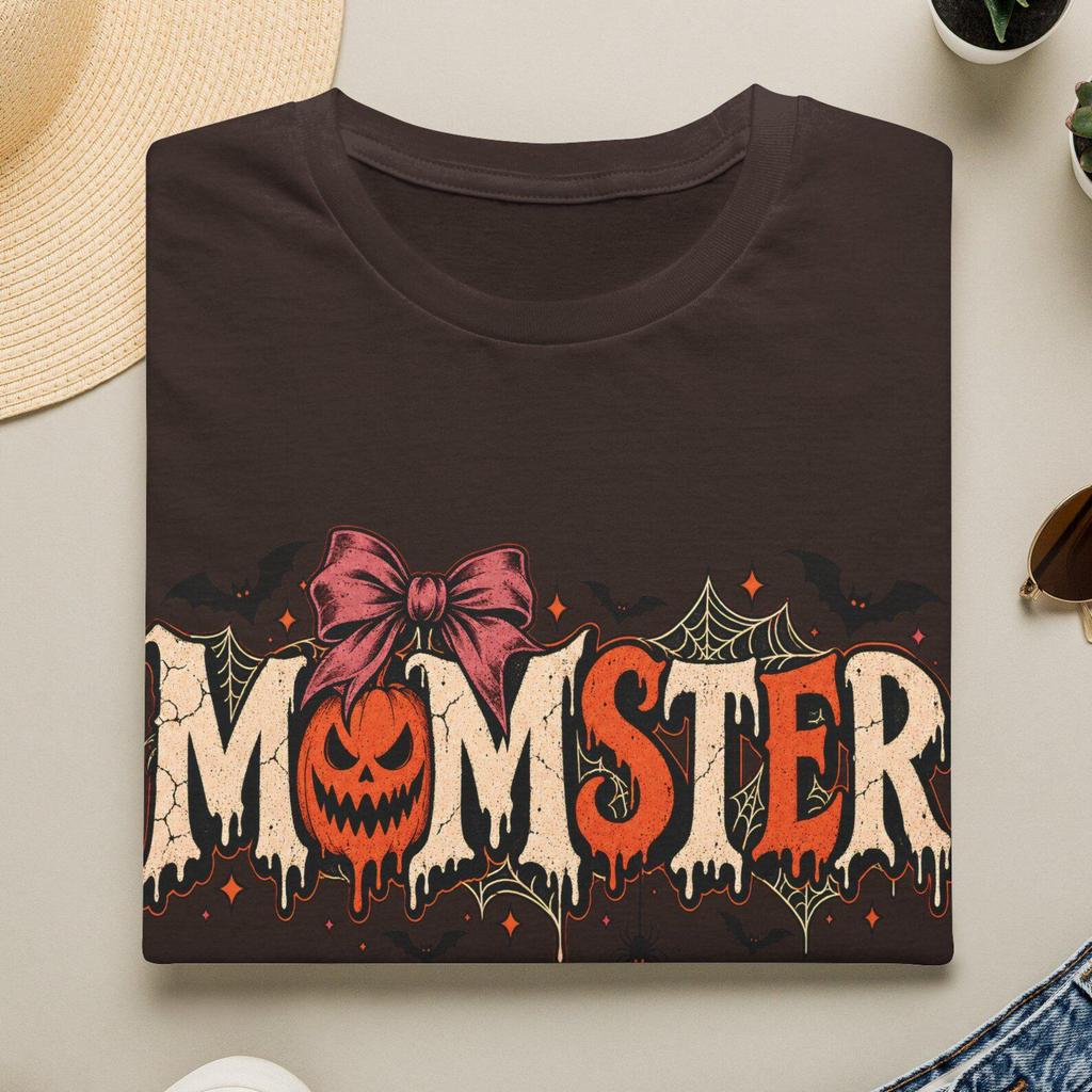 Momster Halloween T-Shirt, Pumpkin Bat Bow Graphic, Cotton Tee (Unisex)