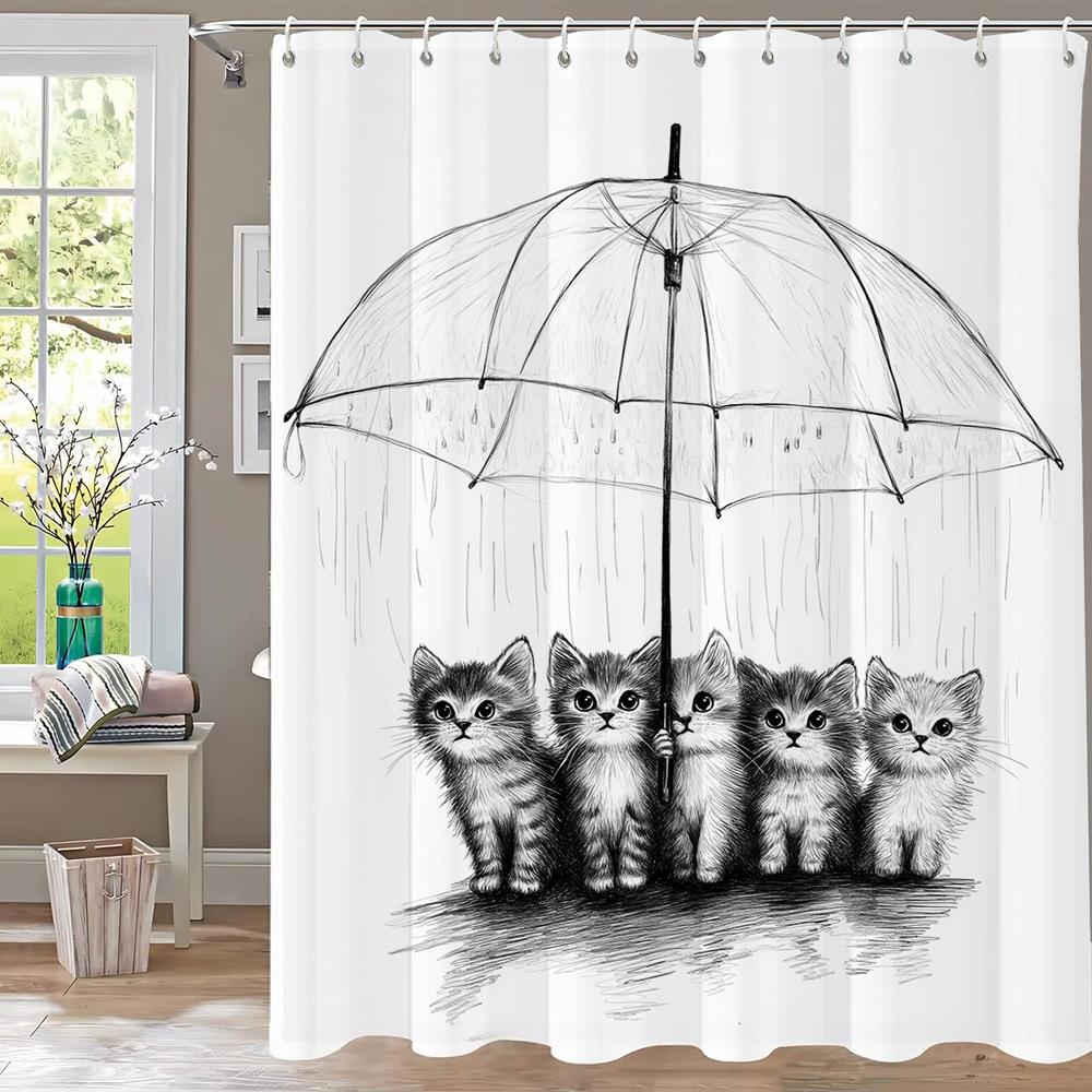 Moderner Duschvorhang mit roten Rosen und schwarzer Katze, Dekorativer Badezimmer-Vorhang aus Polyester mit Blumendruck, Heimvorhang mit Haken