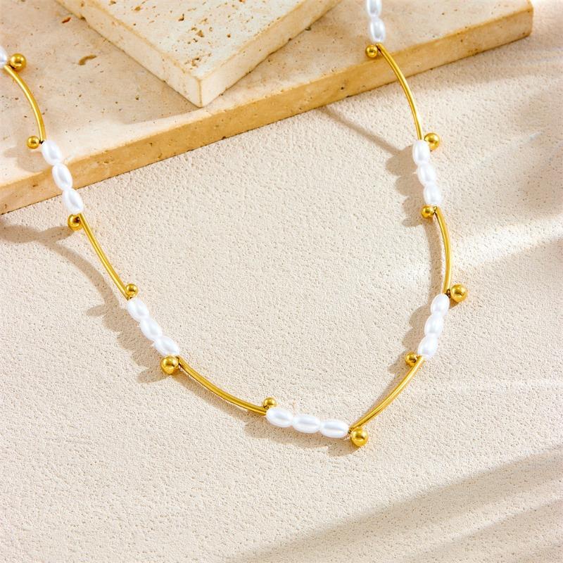 Gold Plated Freshwater Pearl Choker Necklace, Dainty Bar Chain with Rice Pearl & Bead Pendants, Elegant Jewelry for Women Gift